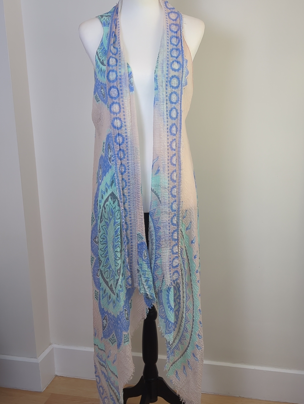 9090 Ninety Ninety Boho Paisley Mandala Fringe Open Front Long Duster Vest OS